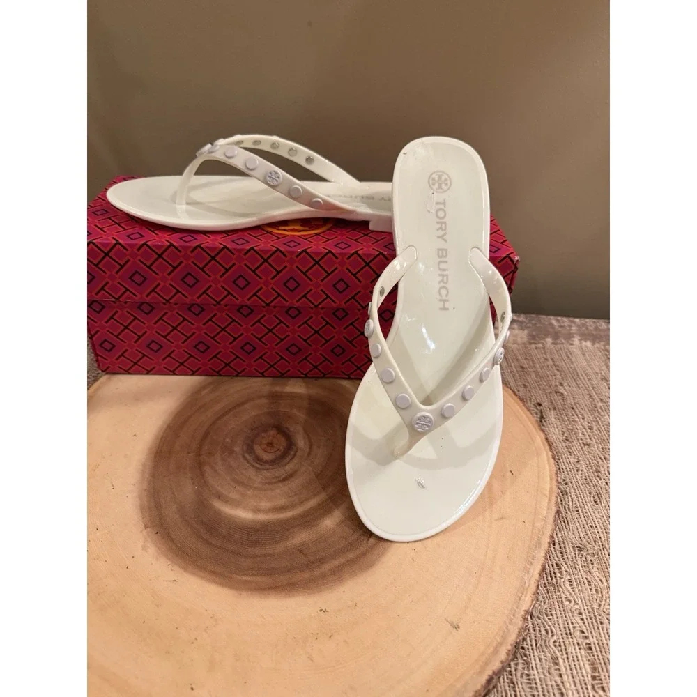 Tory Burch Studded Jelly Flip Flop Thong Sandal Ivory 8 $148 New‎ In Box